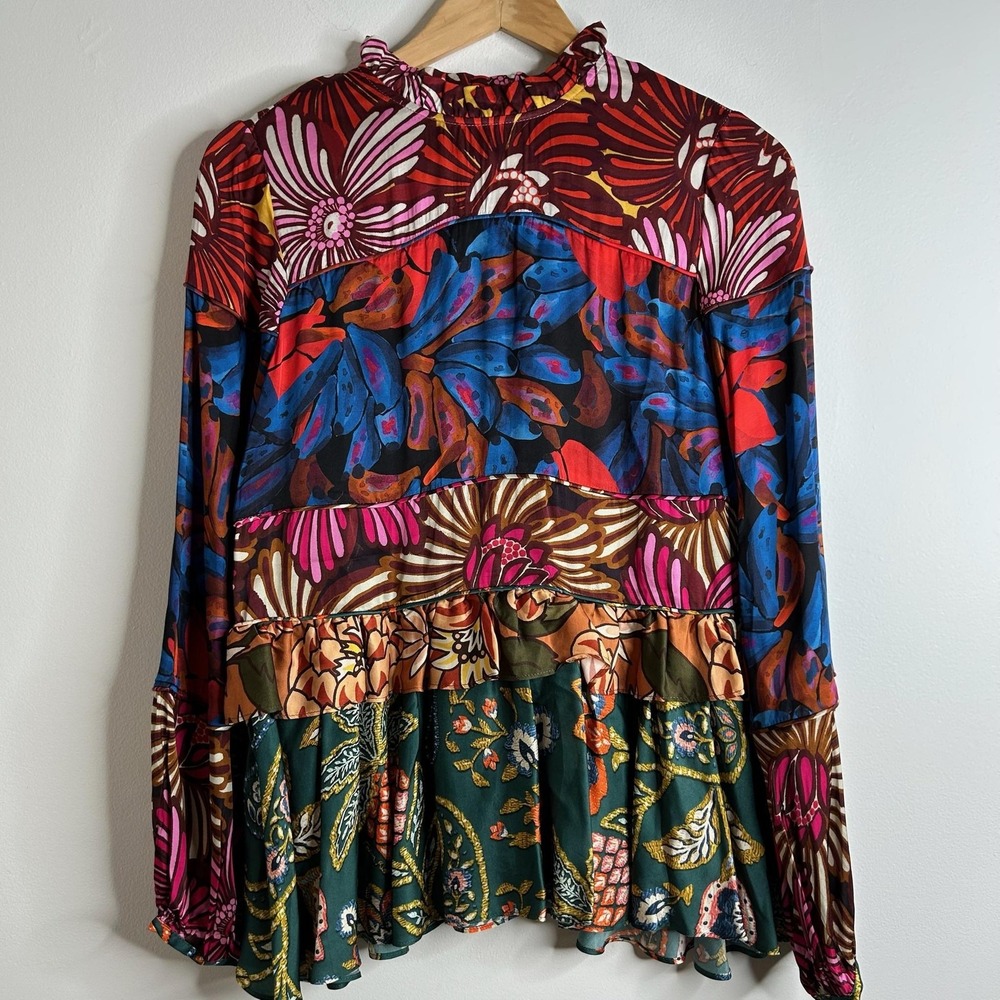FARM Rio Anthropologie Blouse Womens XS Multi Floral Tiered Ruffle Boho Birds